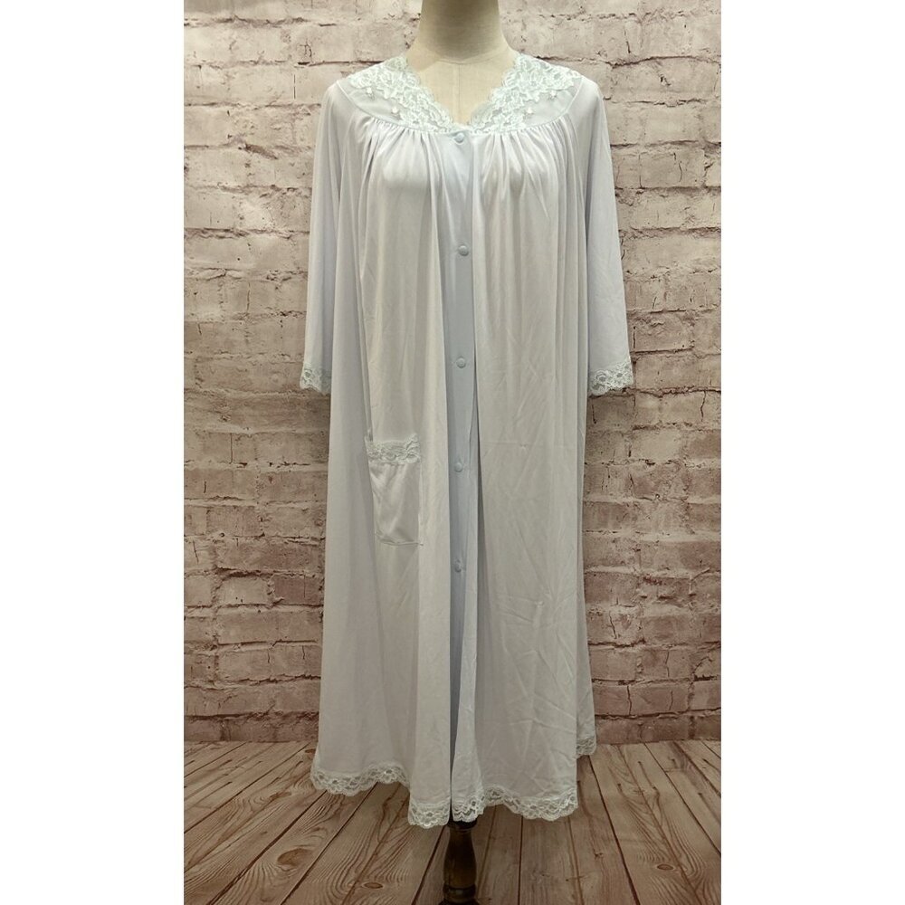Shadowline Opacitrique Robe Nylon Lace Scalloped Button Front Light Blue Size M